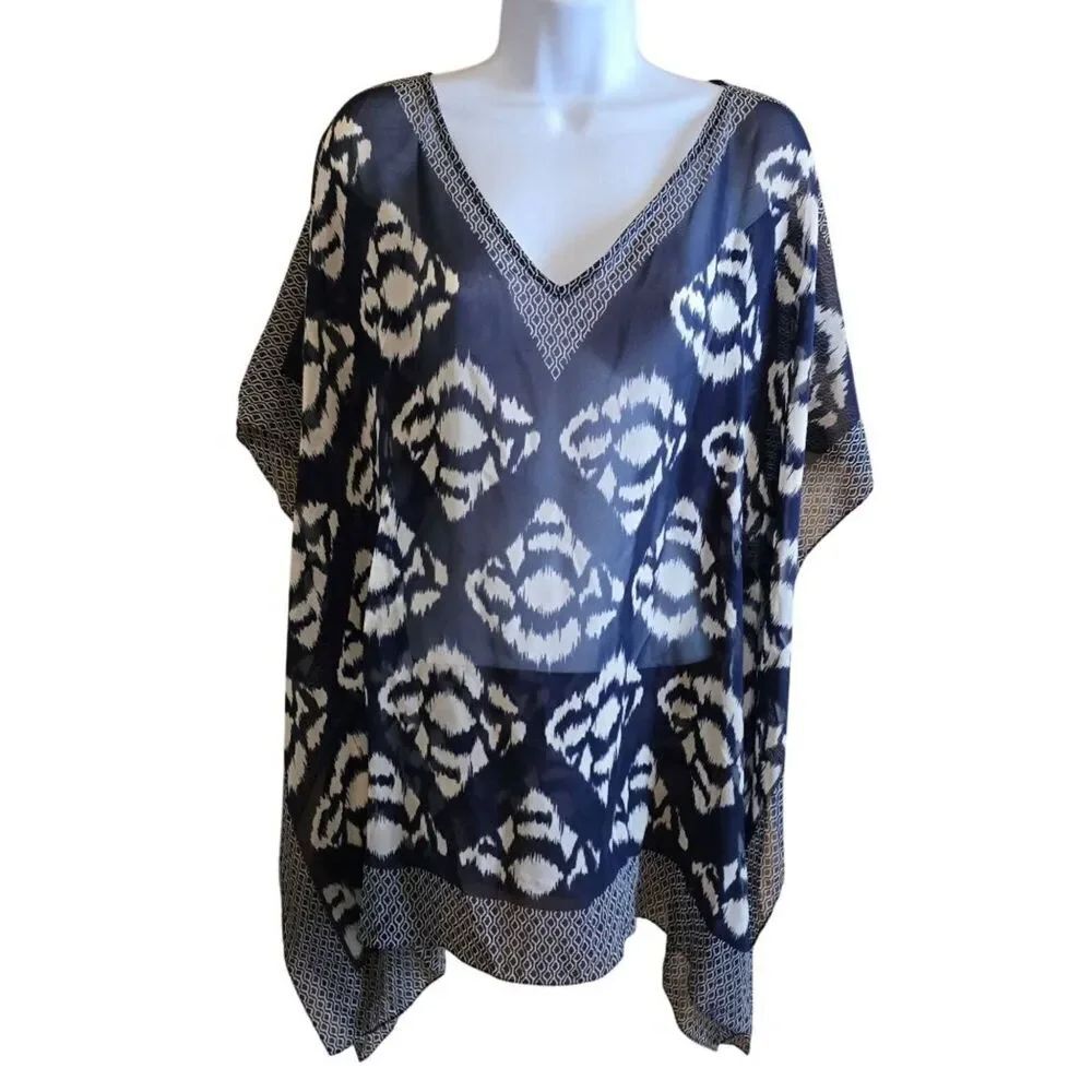 Geometric Ikat Navy Blue V-Neck Sheer Poncho Top sheer cover up beach pool